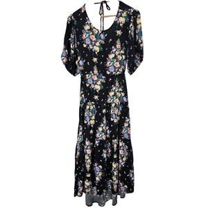 O'Neill Alta Dress Womens Size Medium Black Floral Open Back Boho Cottage Midi